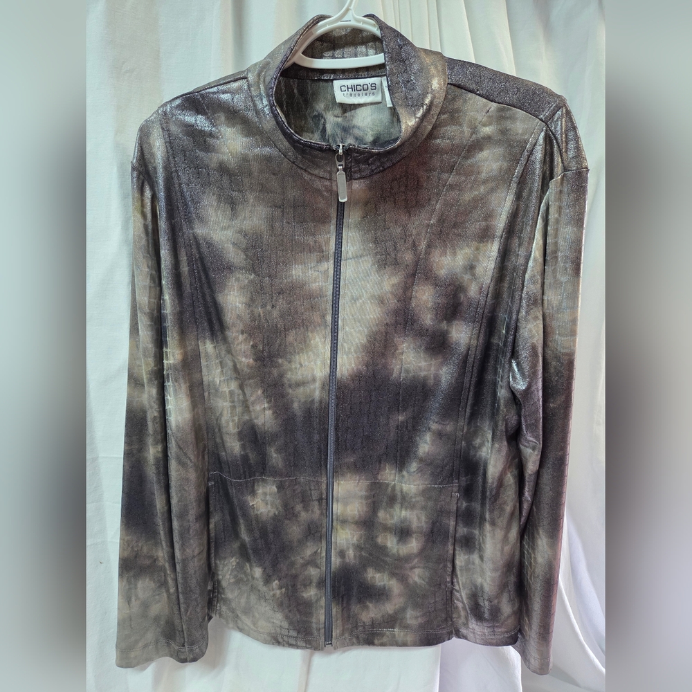Chico's Metallic Tie-Dye Zip-Front Jacket - Gray/Brown